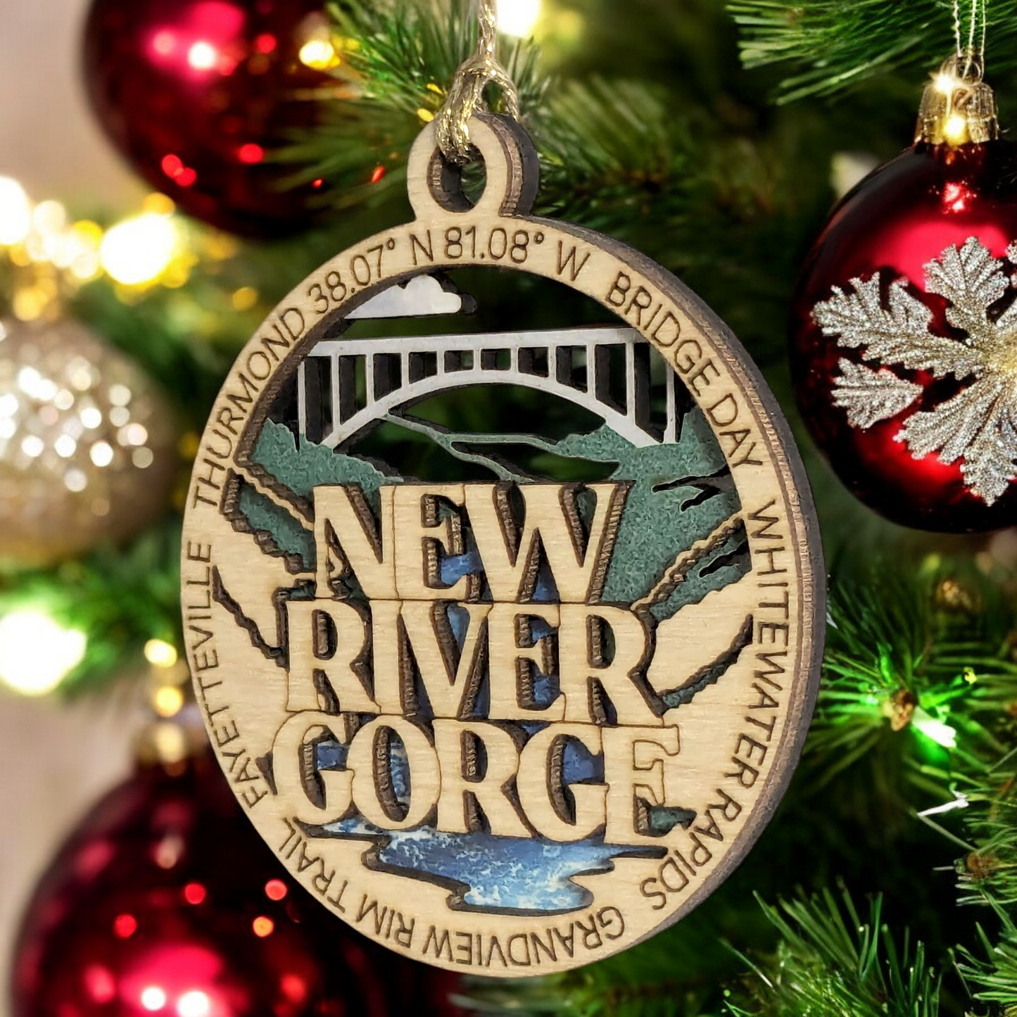 New River Gorge National Park Handcrafted Christmas Ornament | 3" Wood Laser Cut | Bridge Day Scene | National Park Souvenir | Made in USA