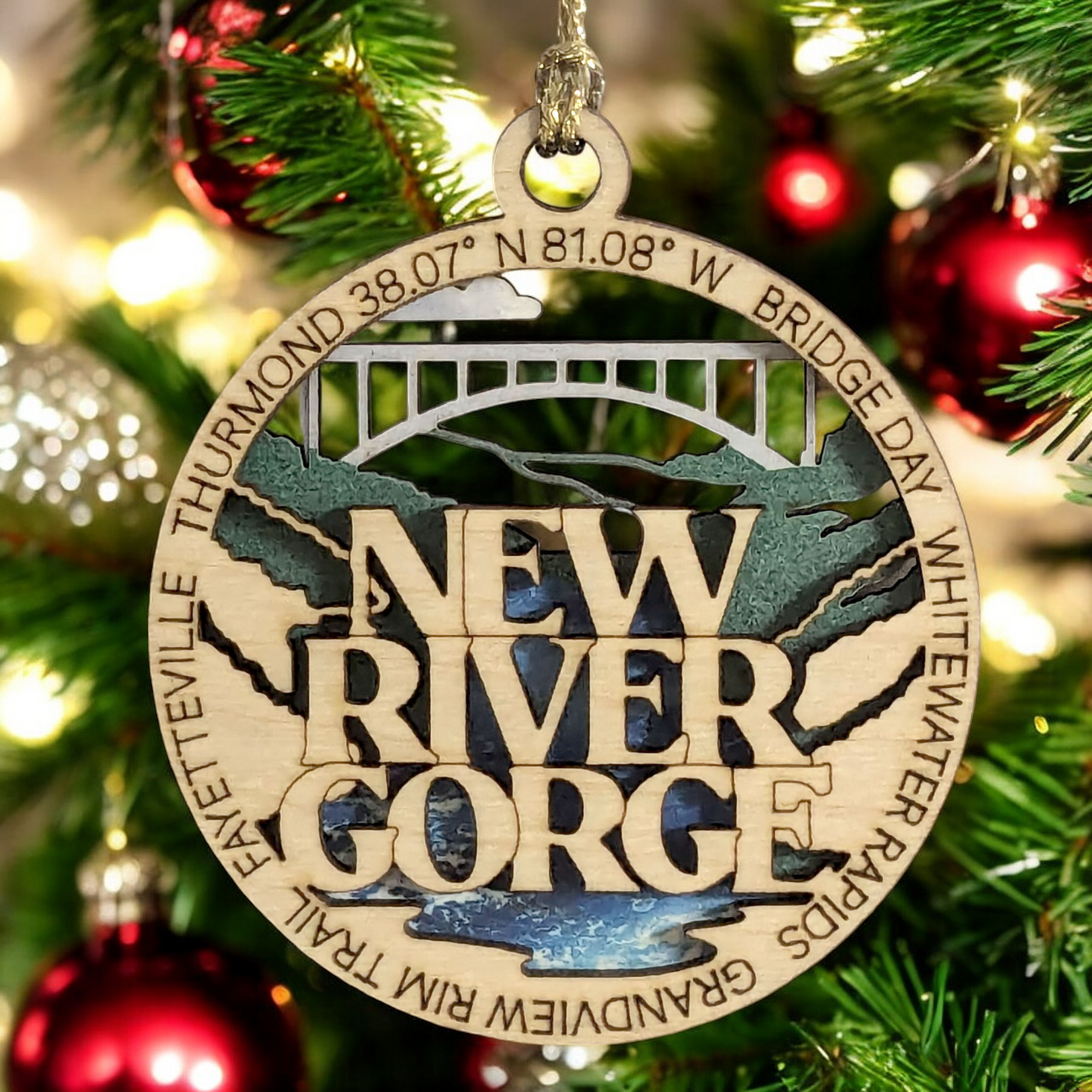 New River Gorge National Park Handcrafted Christmas Ornament | 3" Wood Laser Cut | Bridge Day Scene | National Park Souvenir | Made in USA