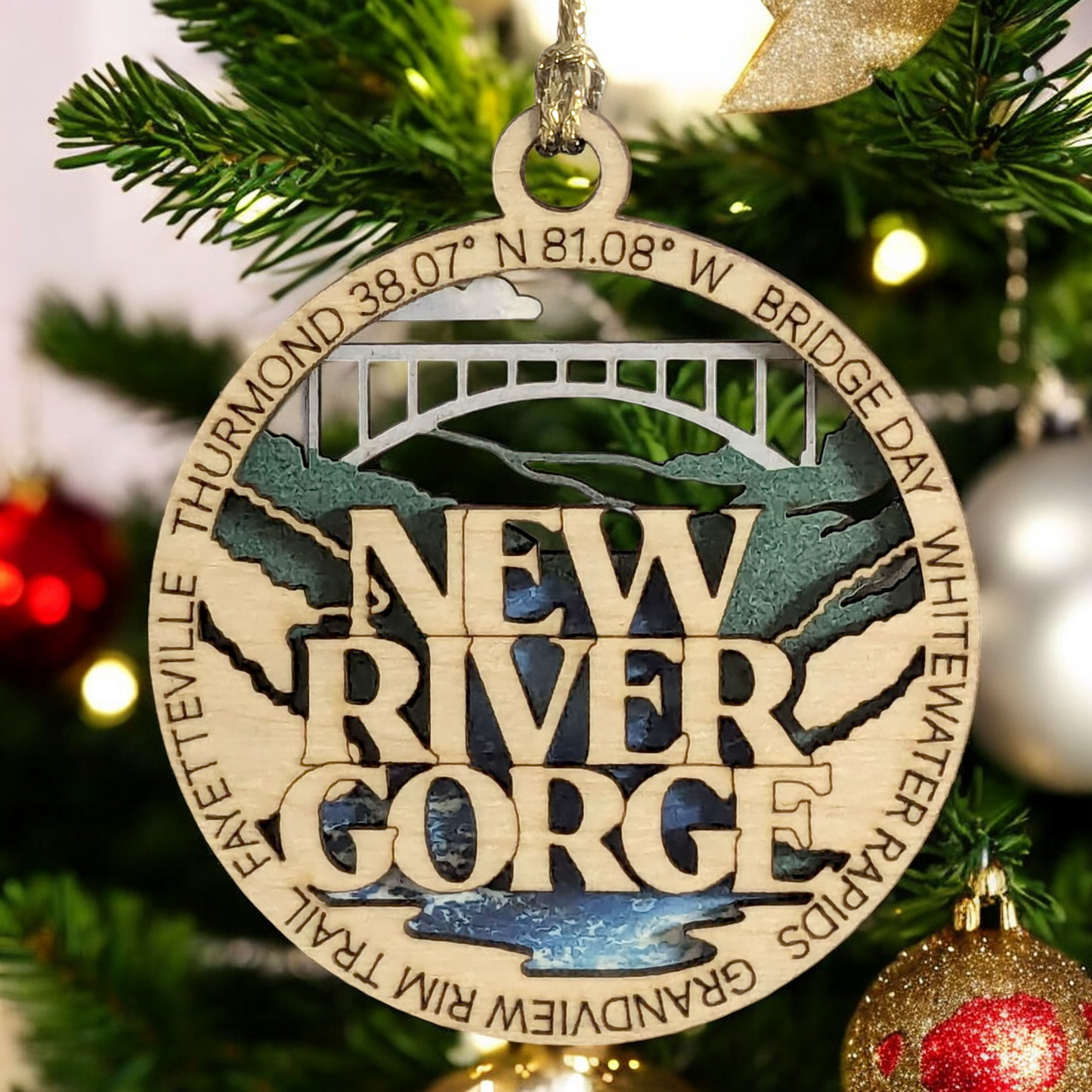 New River Gorge National Park Handcrafted Christmas Ornament | 3" Wood Laser Cut | Bridge Day Scene | National Park Souvenir | Made in USA