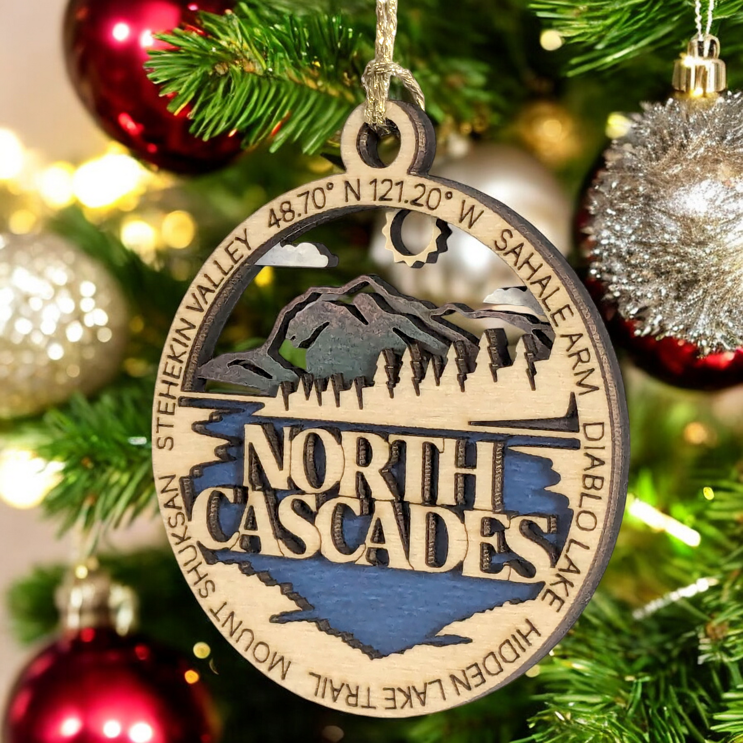North Cascades National Park 3" Christmas Ornament - Two-Layer Wood Decor - Sahale Arm & Diablo Lake Scene - Handmade in USA