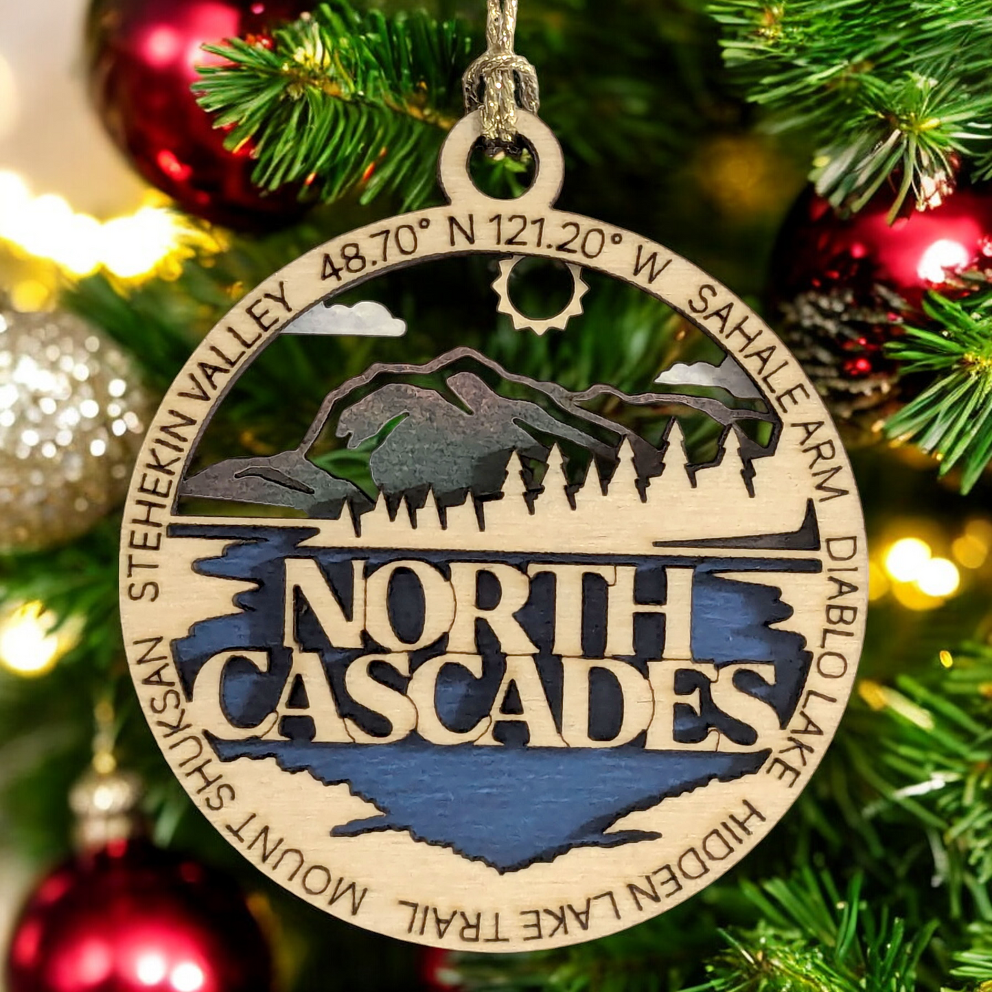 North Cascades National Park 3" Christmas Ornament - Two-Layer Wood Decor - Sahale Arm & Diablo Lake Scene - Handmade in USA