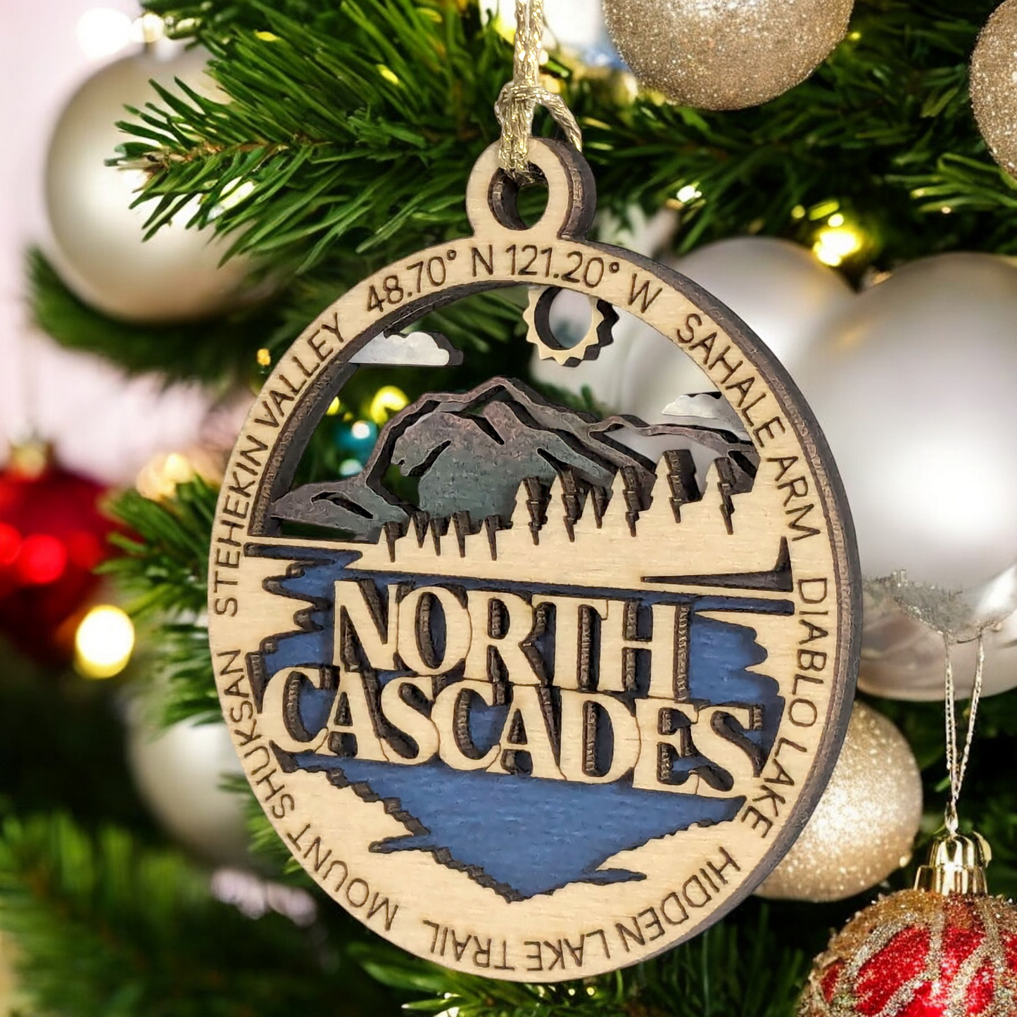 North Cascades National Park 3" Christmas Ornament - Two-Layer Wood Decor - Sahale Arm & Diablo Lake Scene - Handmade in USA