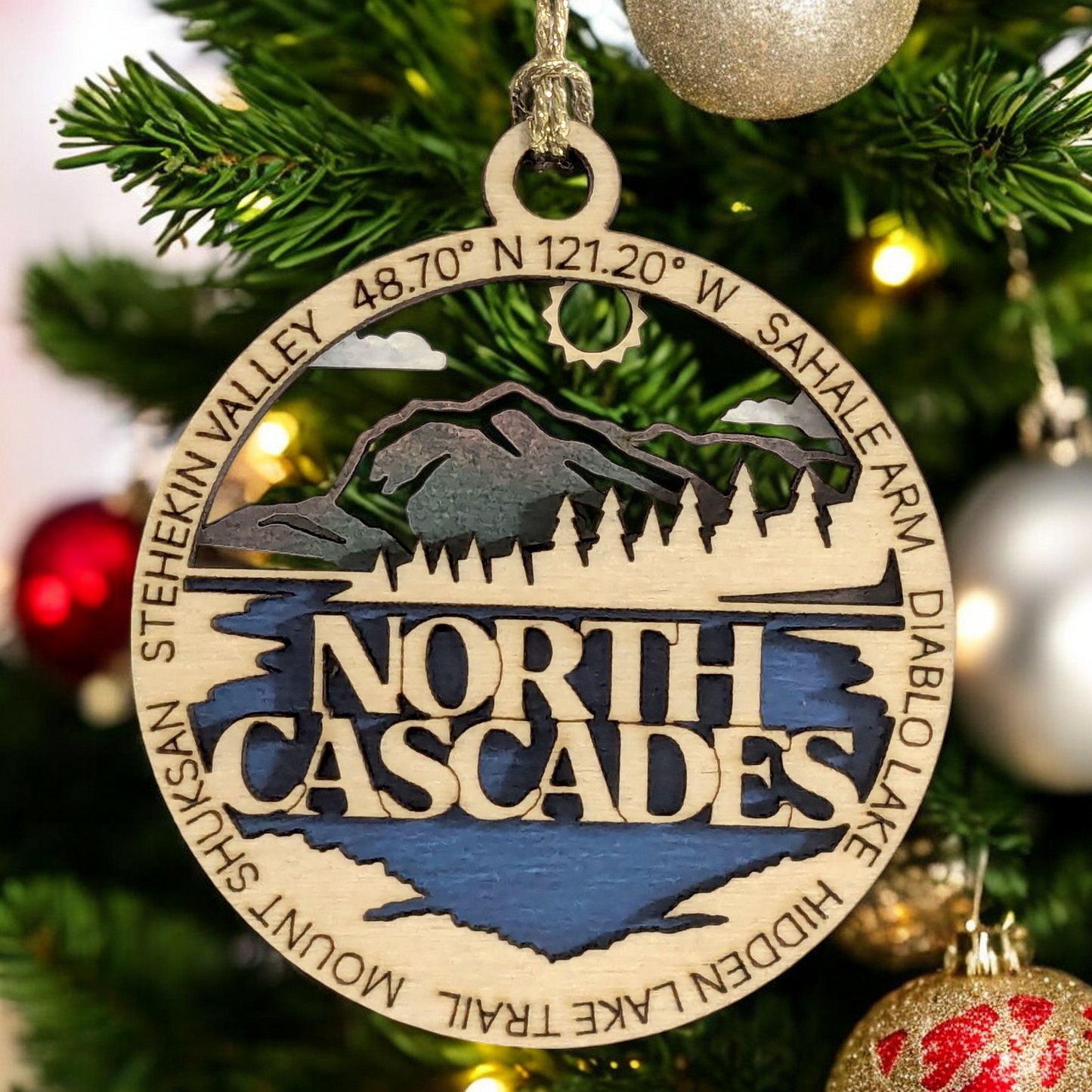 North Cascades National Park 3" Christmas Ornament - Two-Layer Wood Decor - Sahale Arm & Diablo Lake Scene - Handmade in USA