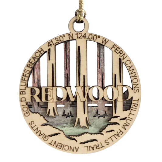 Redwood National Park Ornament - Handcrafted Wood Christmas Decoration, Laser Cut 3" Round with Forest Scene