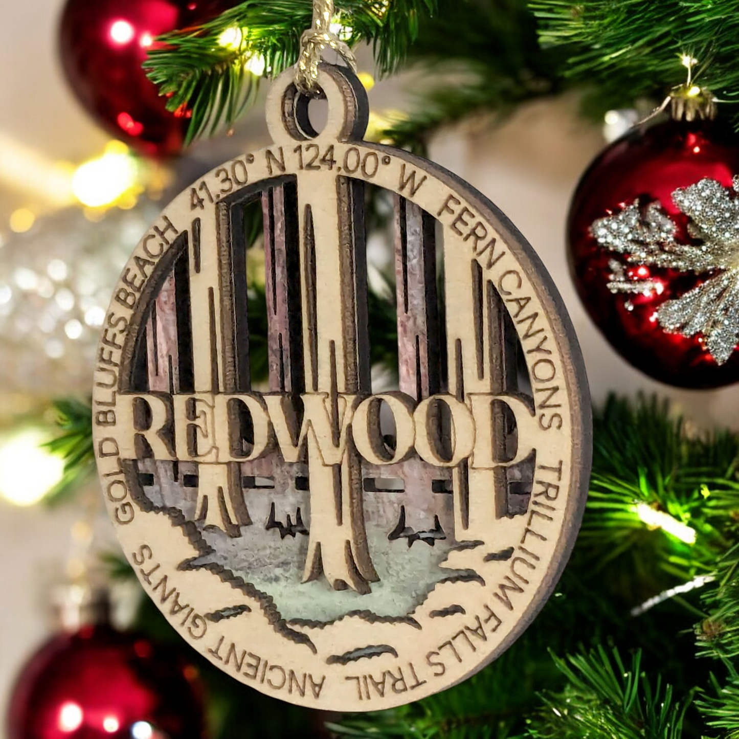 Redwood National Park Ornament - Handcrafted Wood Christmas Decoration, Laser Cut 3" Round with Forest Scene
