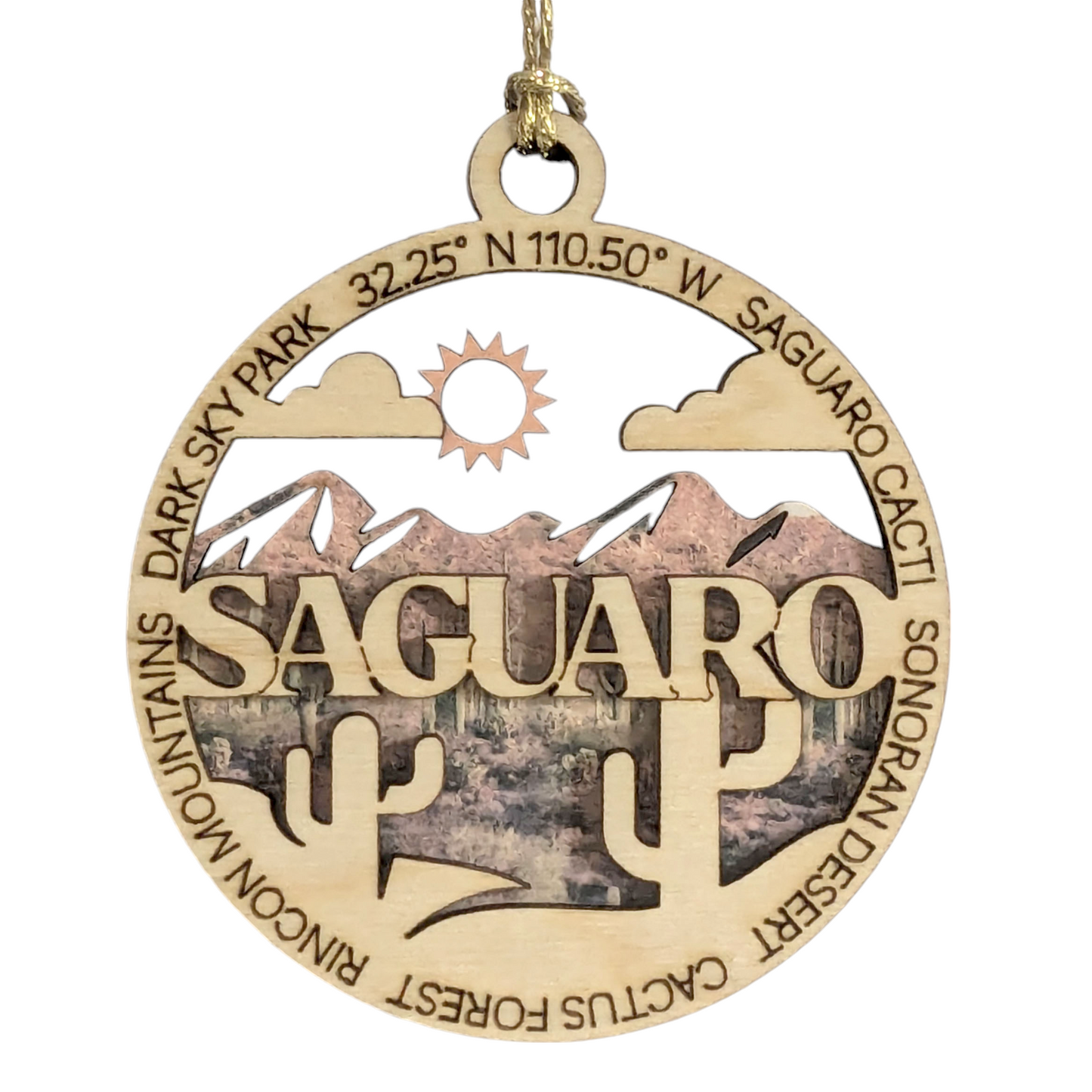 Saguaro National Park Handcrafted Wood Ornament - 3" Laser Cut Christmas Decoration, Arizona Desert Scene, USA Made