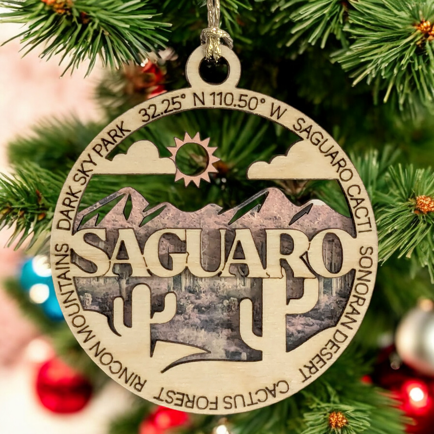 Saguaro National Park Handcrafted Wood Ornament - 3" Laser Cut Christmas Decoration, Arizona Desert Scene, USA Made