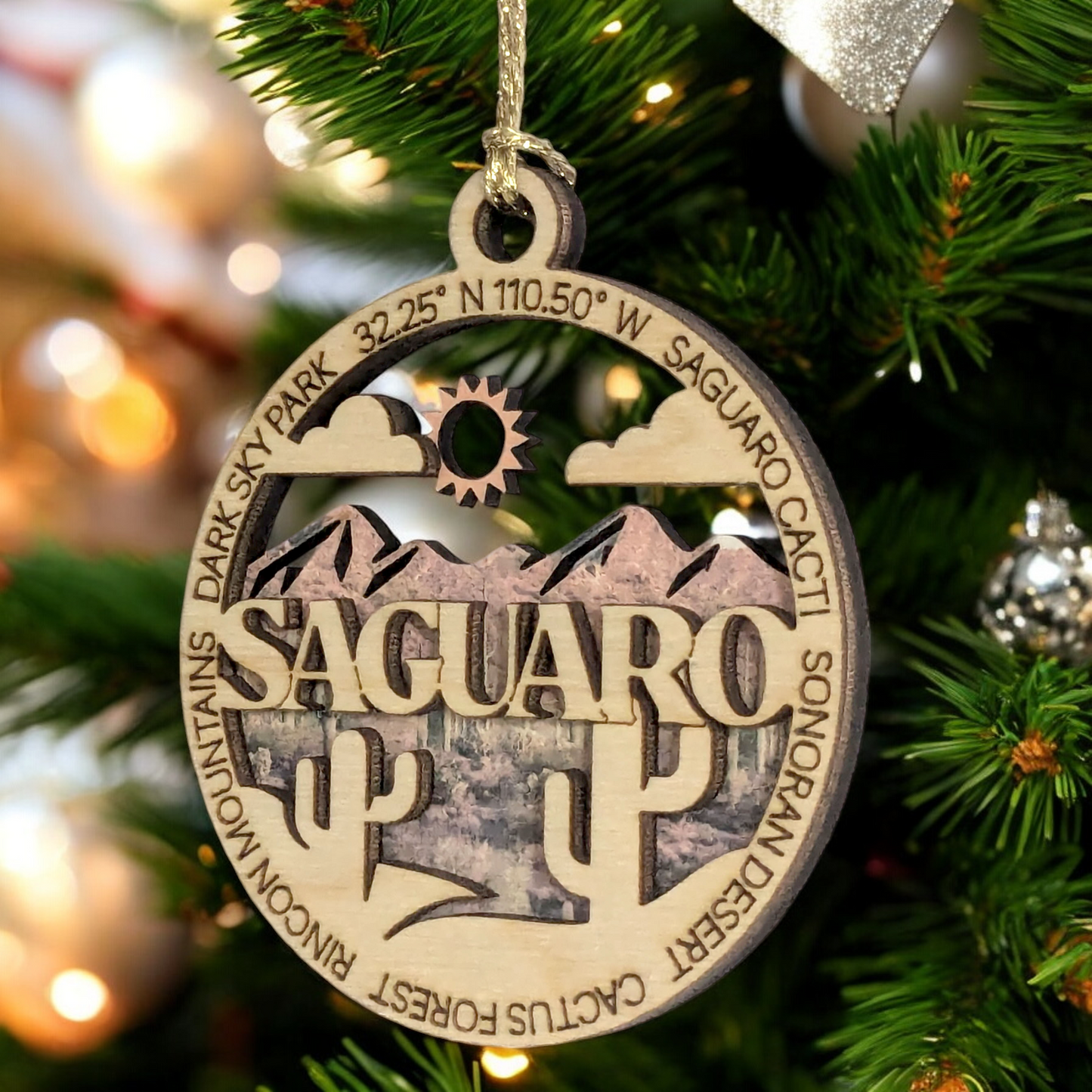 Saguaro National Park Handcrafted Wood Ornament - 3" Laser Cut Christmas Decoration, Arizona Desert Scene, USA Made
