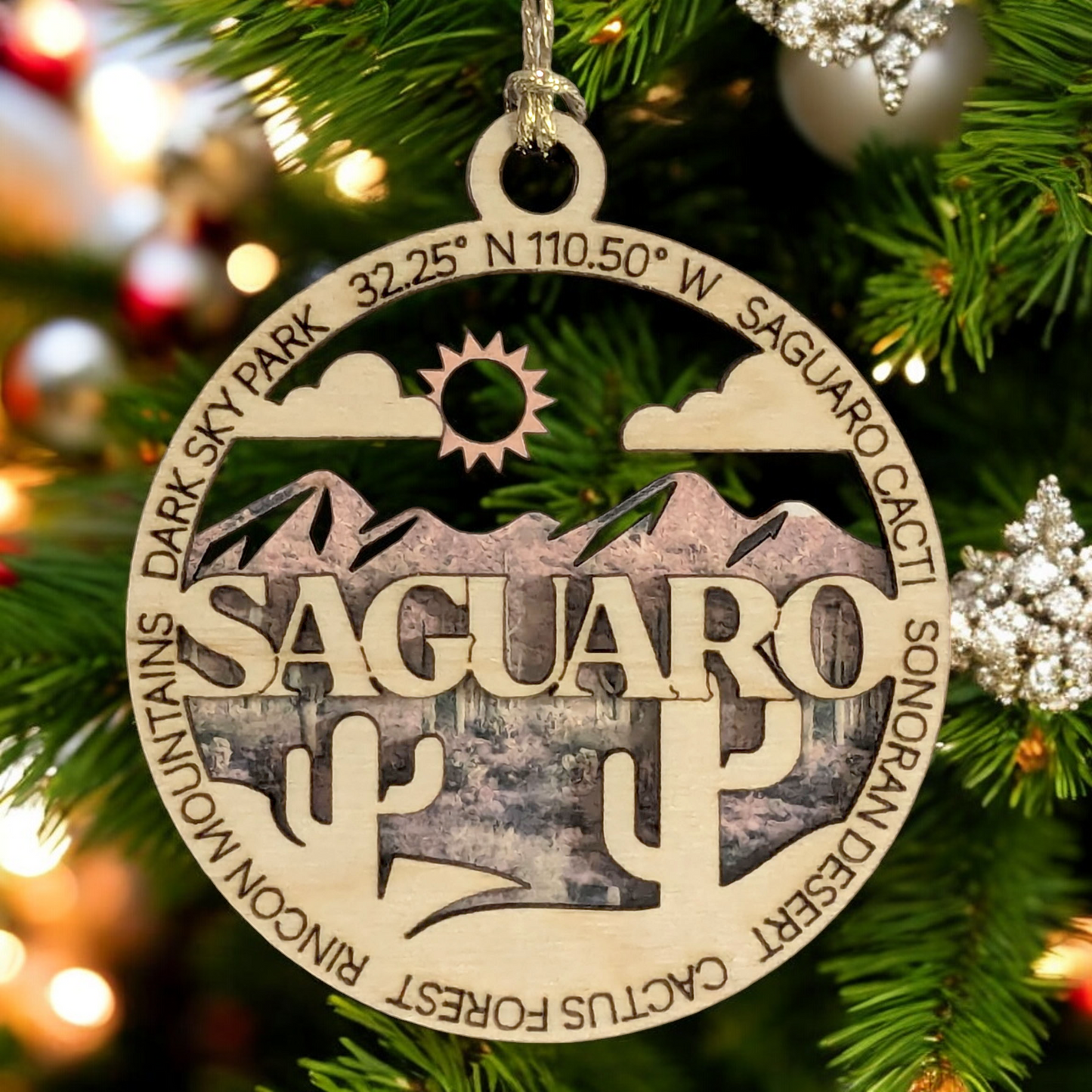 Saguaro National Park Handcrafted Wood Ornament - 3" Laser Cut Christmas Decoration, Arizona Desert Scene, USA Made