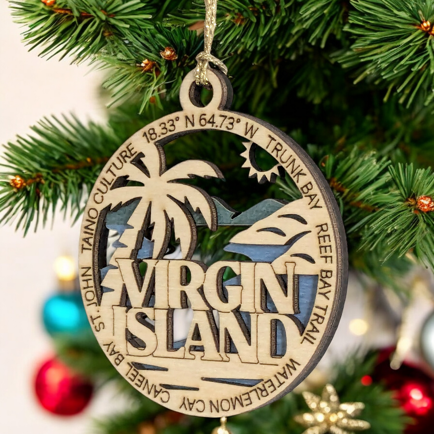 Virgin Islands National Park Handcrafted Ornament - 3" Wood Laser Cut St. John Scene - Trunk Bay, Reef Bay Trail, Watermelon Cay - USA Made Christmas Decor