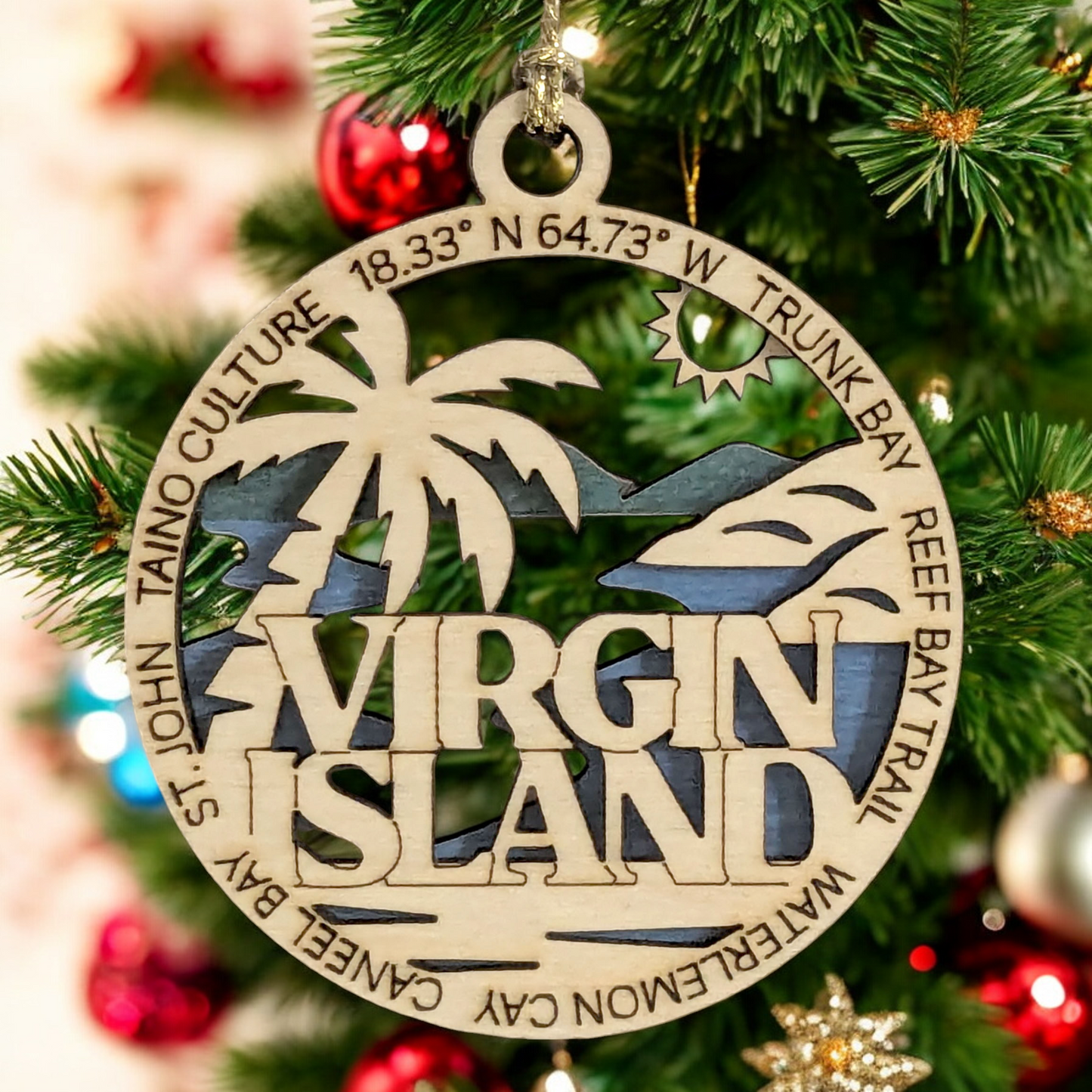 Virgin Islands National Park Handcrafted Ornament - 3" Wood Laser Cut St. John Scene - Trunk Bay, Reef Bay Trail, Watermelon Cay - USA Made Christmas Decor