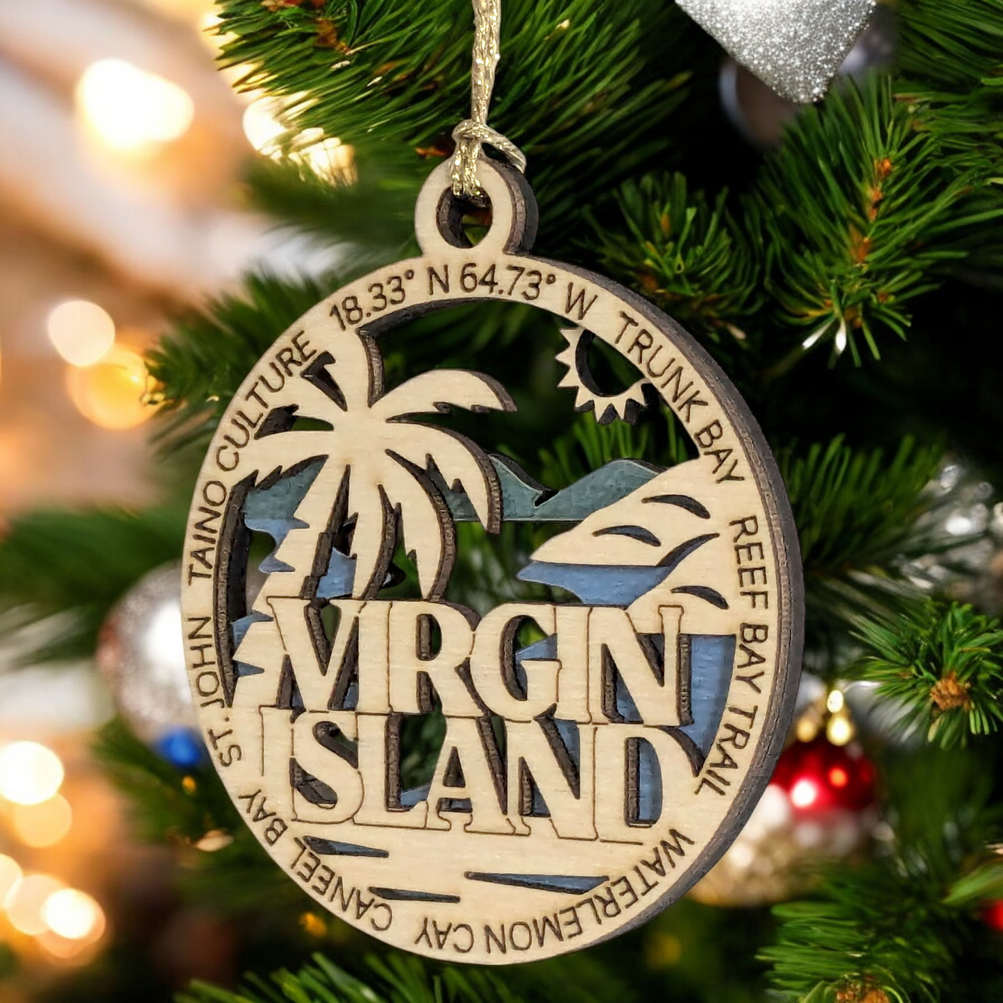 Virgin Islands National Park Handcrafted Ornament - 3" Wood Laser Cut St. John Scene - Trunk Bay, Reef Bay Trail, Watermelon Cay - USA Made Christmas Decor