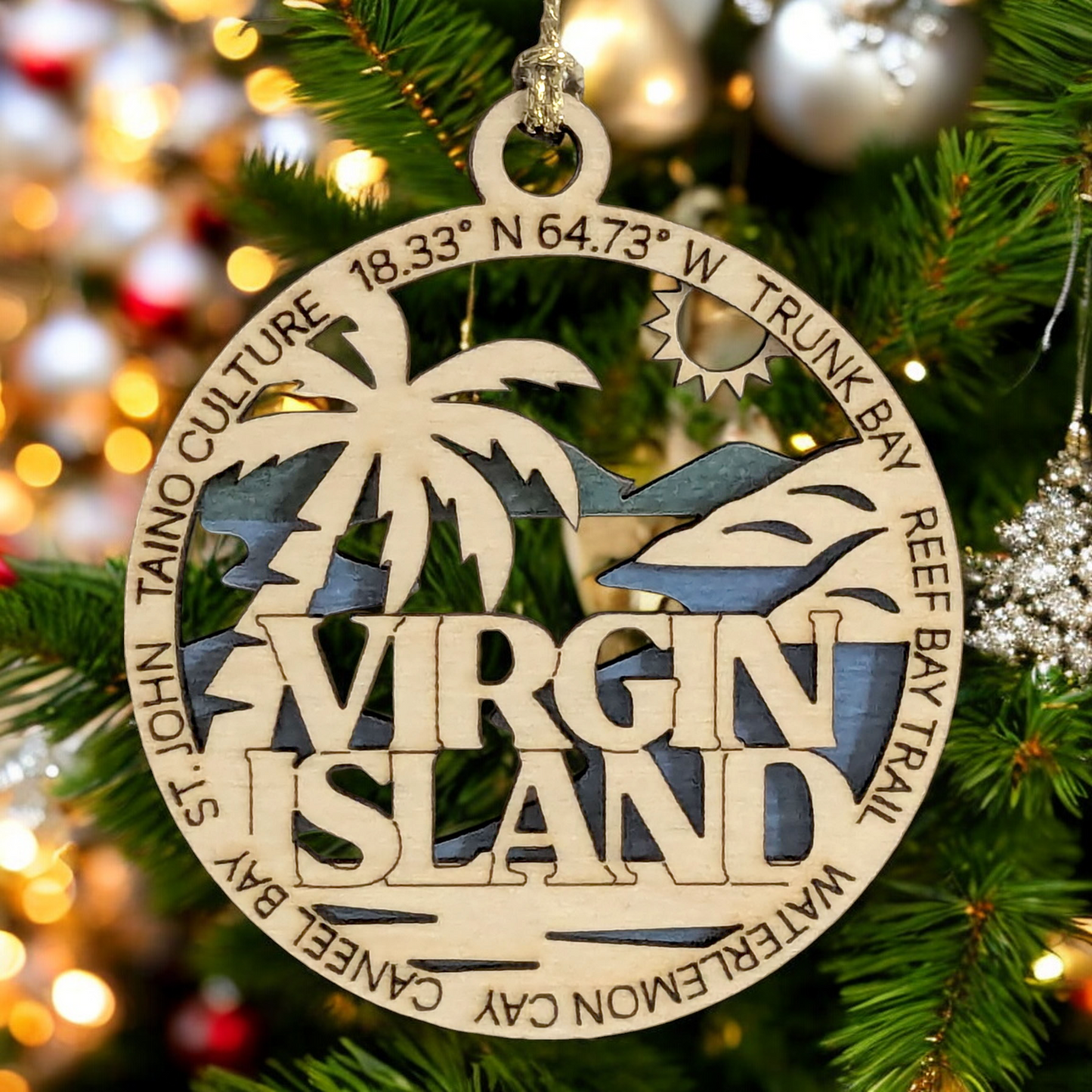 Virgin Islands National Park Handcrafted Ornament - 3" Wood Laser Cut St. John Scene - Trunk Bay, Reef Bay Trail, Watermelon Cay - USA Made Christmas Decor