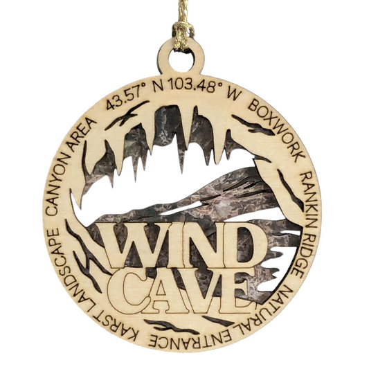 Wind Cave National Park with Natural Entrance - Scene 3" Wood Christmas Ornament- Laser Cut in USA