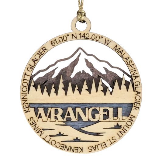 Wrangell National Park 3" Wood Ornament - Laser Cut Alaska Scene with Malaspina Glacier - Handmade Decor Made in USA