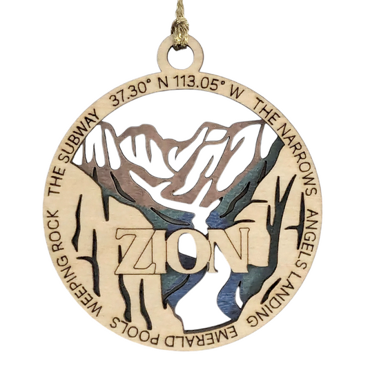 Zion National Park Natural Wood Ornament - 3" Laser Cut, 2 Layer Design, Handmade USA, Christmas Tree Decor, Scenic Landscape Souvenir