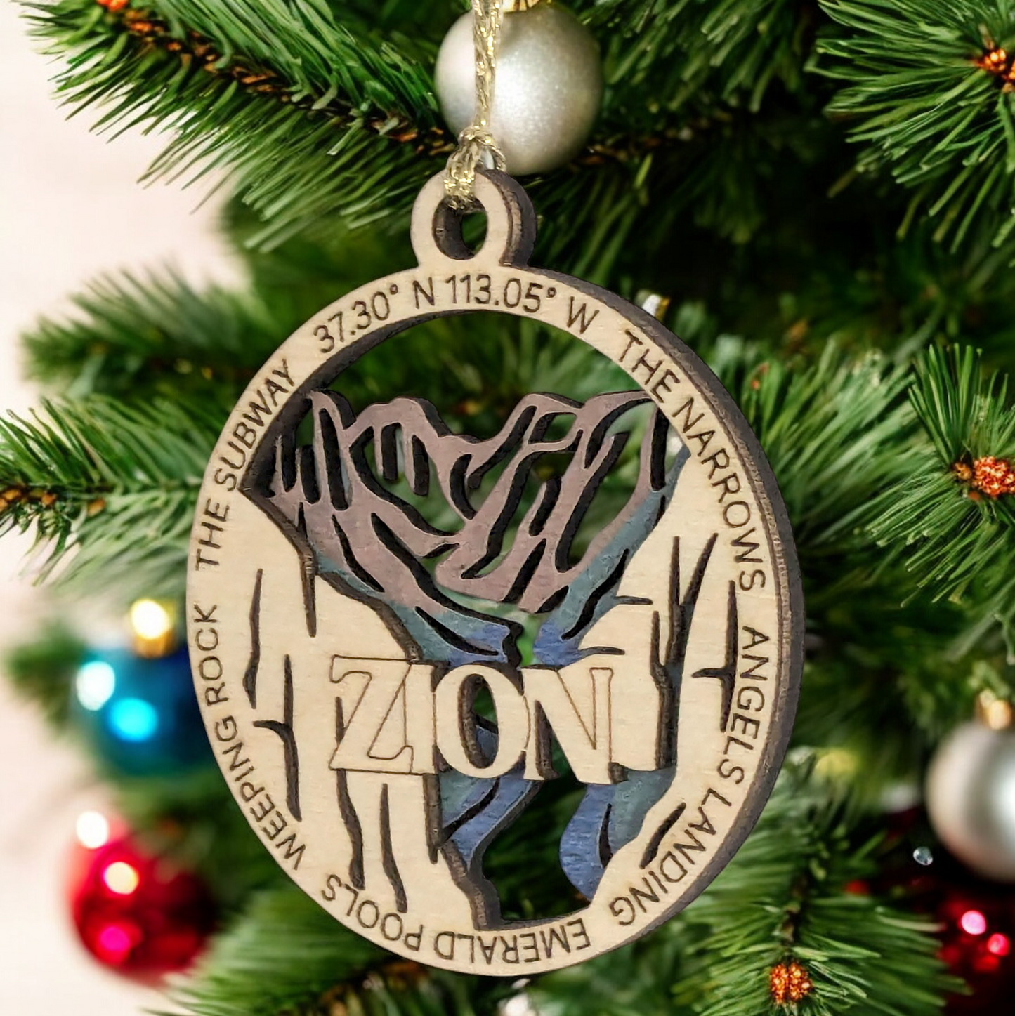 Zion National Park Natural Wood Ornament - 3" Laser Cut, 2 Layer Design, Handmade USA, Christmas Tree Decor, Scenic Landscape Souvenir