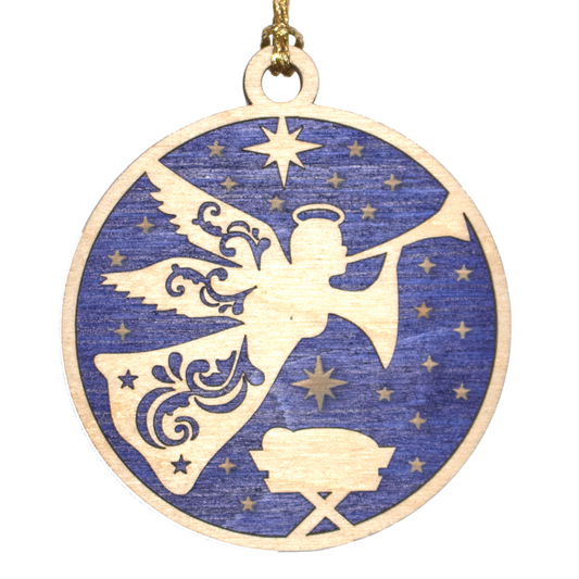 Religious 3" Wood Ornament - Laser Cut Angel over Manger Scene, 2-Layer Round Christmas Decoration, Handcrafted in USA