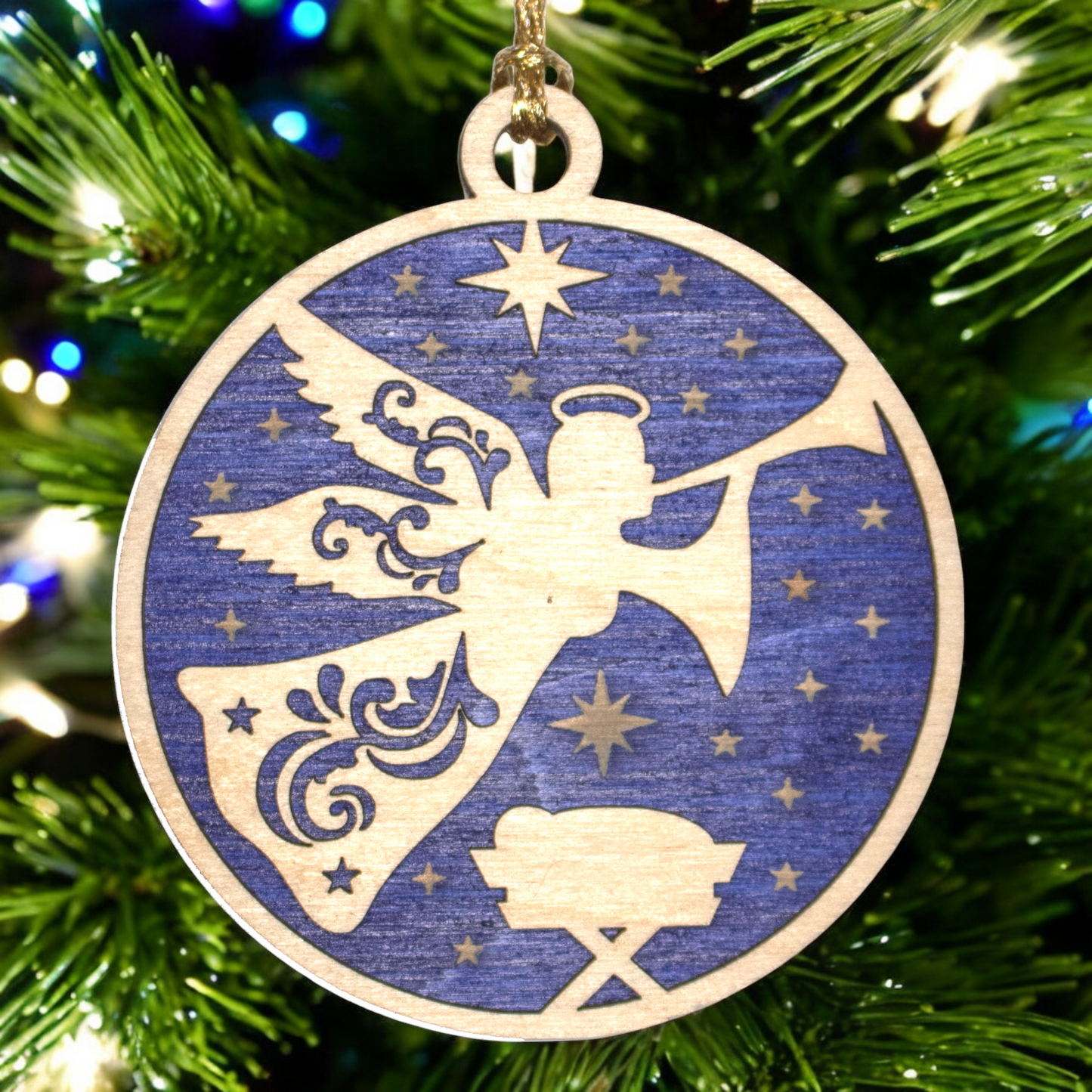 Religious 3" Wood Ornament - Laser Cut Angel over Manger Scene, 2-Layer Round Christmas Decoration, Handcrafted in USA