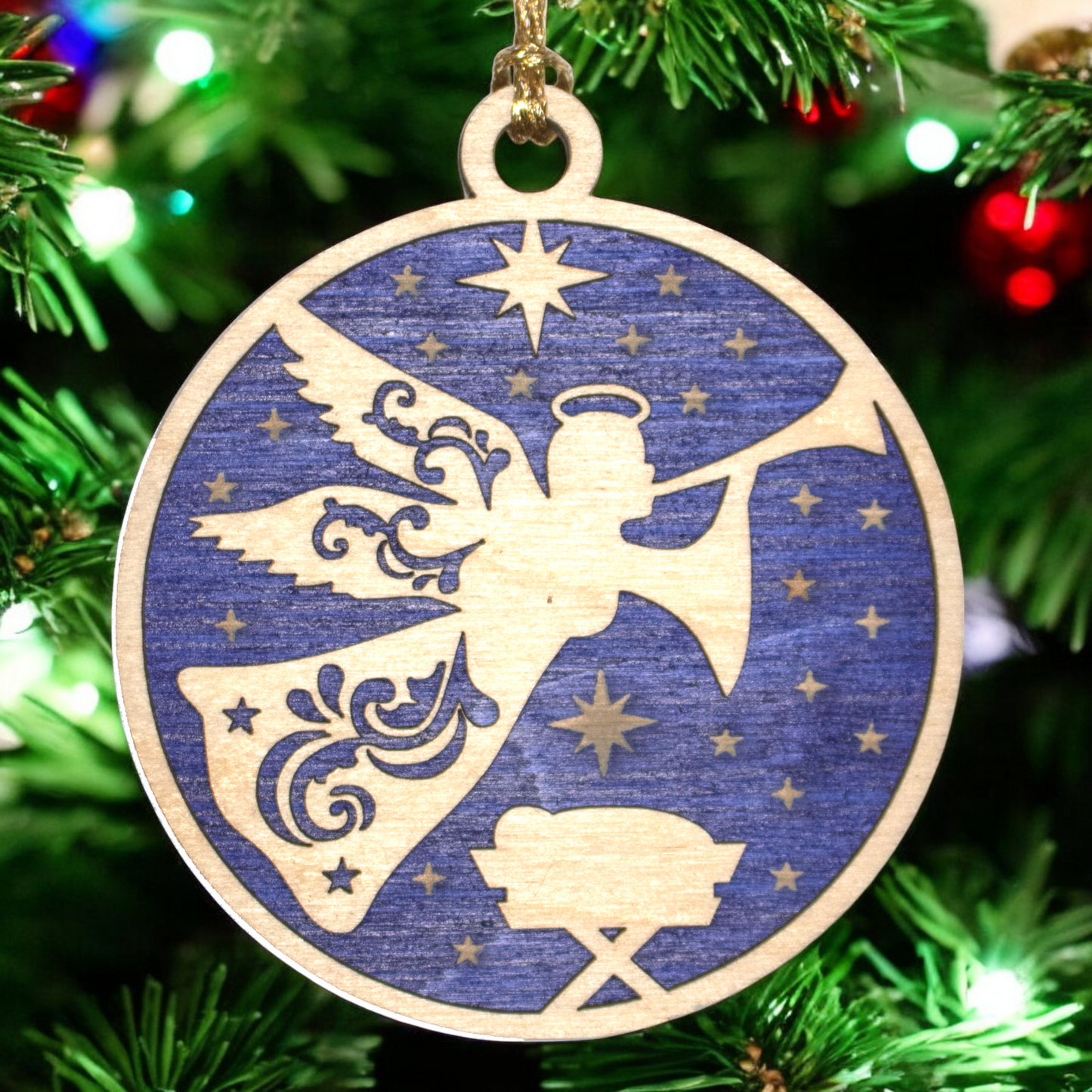 Religious 3" Wood Ornament - Laser Cut Angel over Manger Scene, 2-Layer Round Christmas Decoration, Handcrafted in USA
