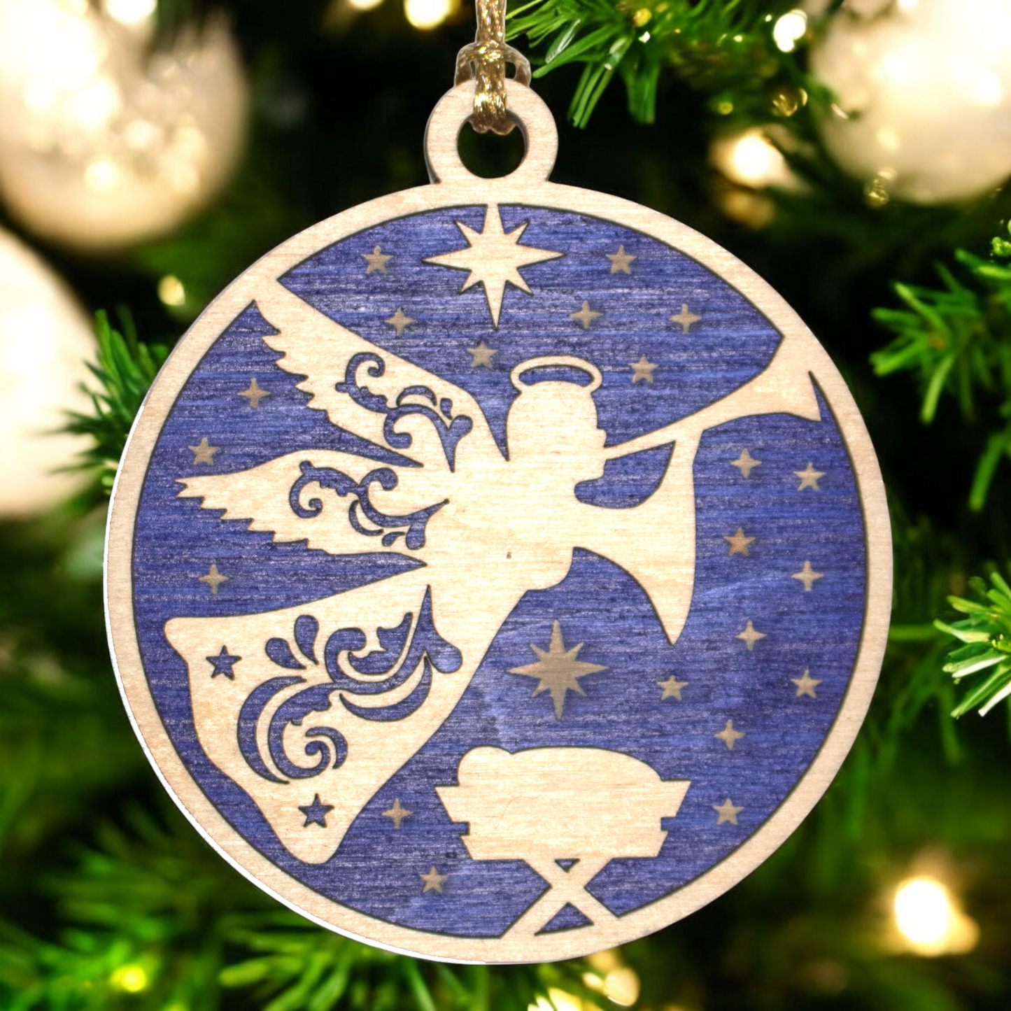 Religious 3" Wood Ornament - Laser Cut Angel over Manger Scene, 2-Layer Round Christmas Decoration, Handcrafted in USA