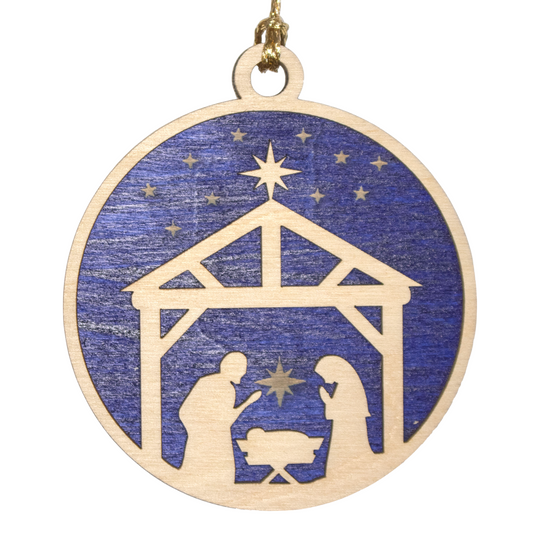 Handcrafted Wooden Nativity Ornament - 3" Laser Cut Christmas Decoration, Stable Scene with Holy Family, Made in USA