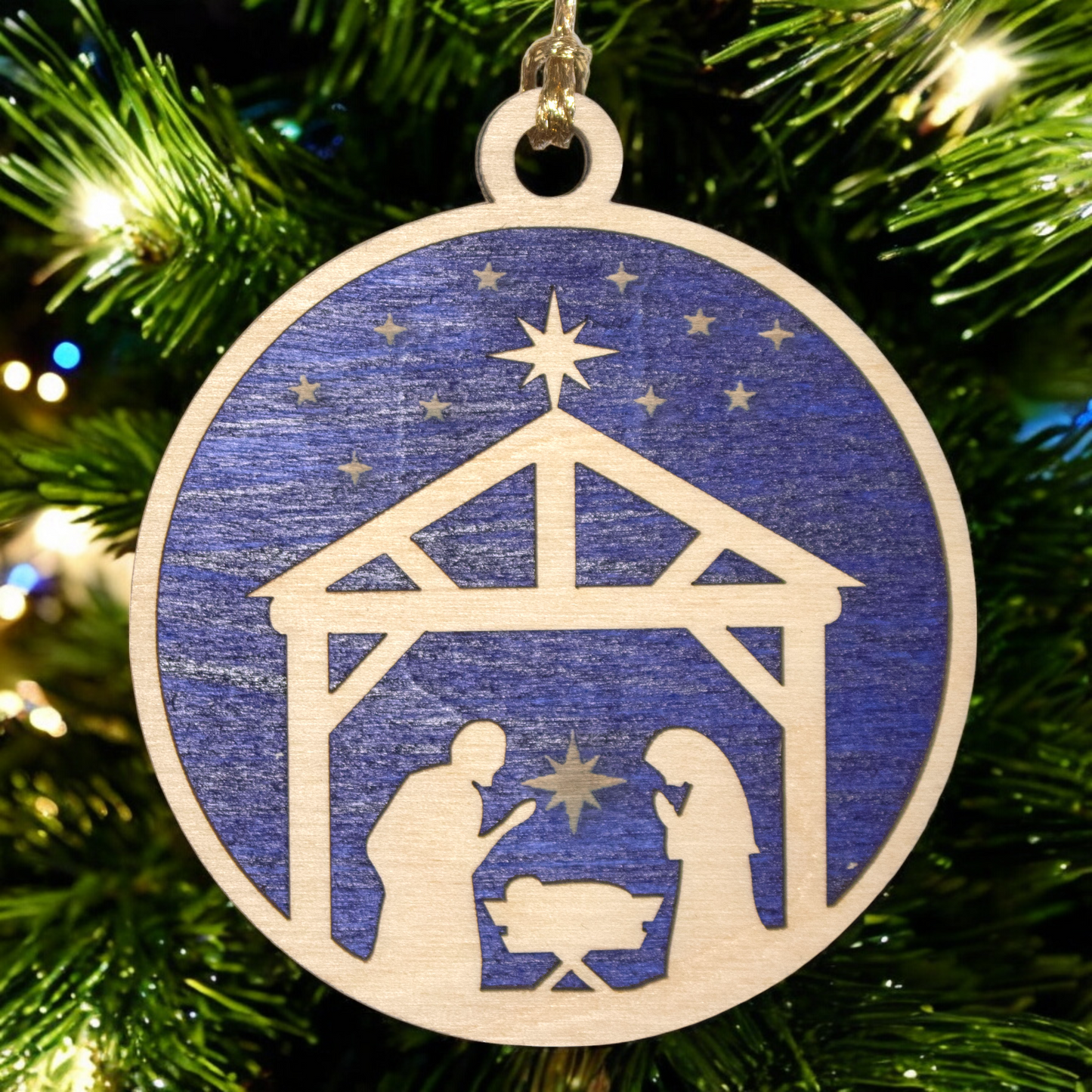 Handcrafted Wooden Nativity Ornament - 3" Laser Cut Christmas Decoration, Stable Scene with Holy Family, Made in USA