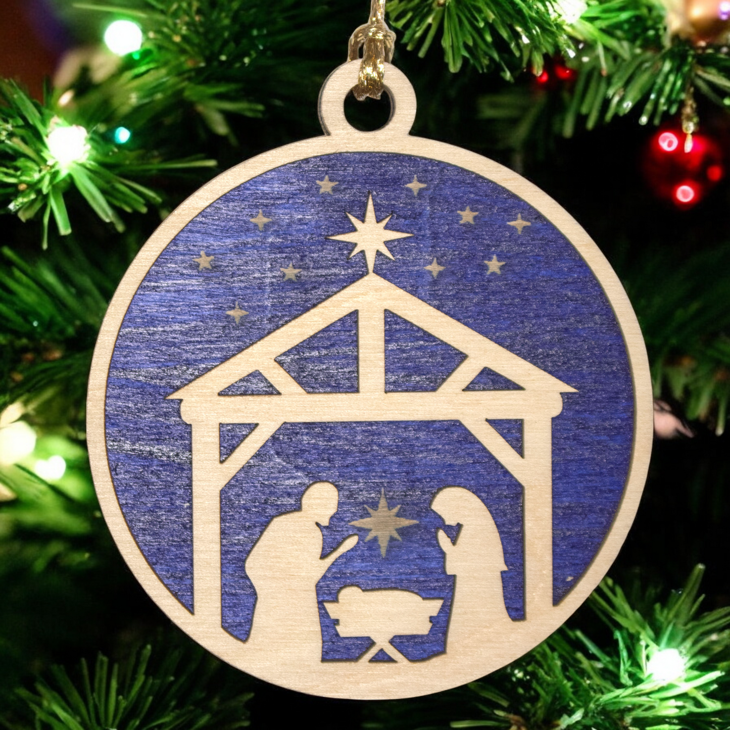 Handcrafted Wooden Nativity Ornament - 3" Laser Cut Christmas Decoration, Stable Scene with Holy Family, Made in USA
