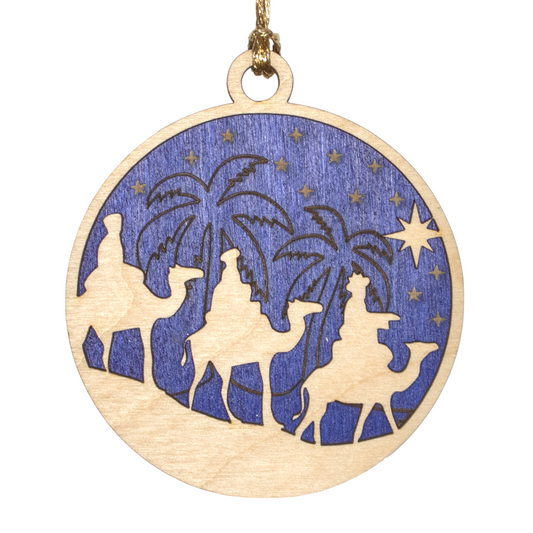 Three Wise Men Christmas Ornament - 3" Round Wood Nativity Scene, Laser Engraved Holiday Decor, Handmade in Oregon