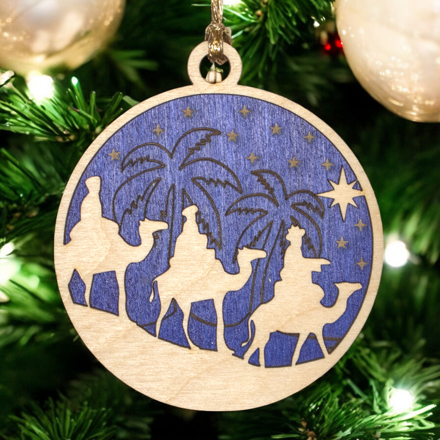 Three Wise Men Christmas Ornament - 3" Round Wood Nativity Scene, Laser Engraved Holiday Decor, Handmade in Oregon
