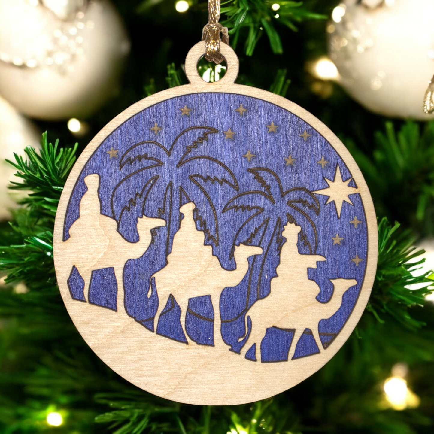 Three Wise Men Christmas Ornament - 3" Round Wood Nativity Scene, Laser Engraved Holiday Decor, Handmade in Oregon