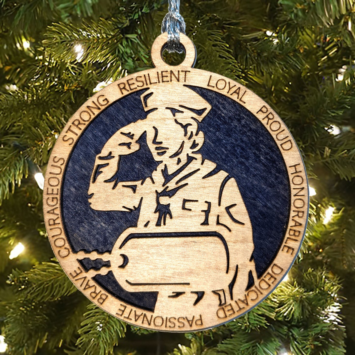 Patriotic Female Navy Sailor Wood Ornament - Personalized Military Christmas Gift with Custom Dog Tags