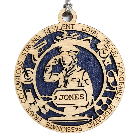 Personalized Female Navy Sailor Christmas Ornament - 3" Wood Laser Cut Military Gift with Custom Dog Tags
