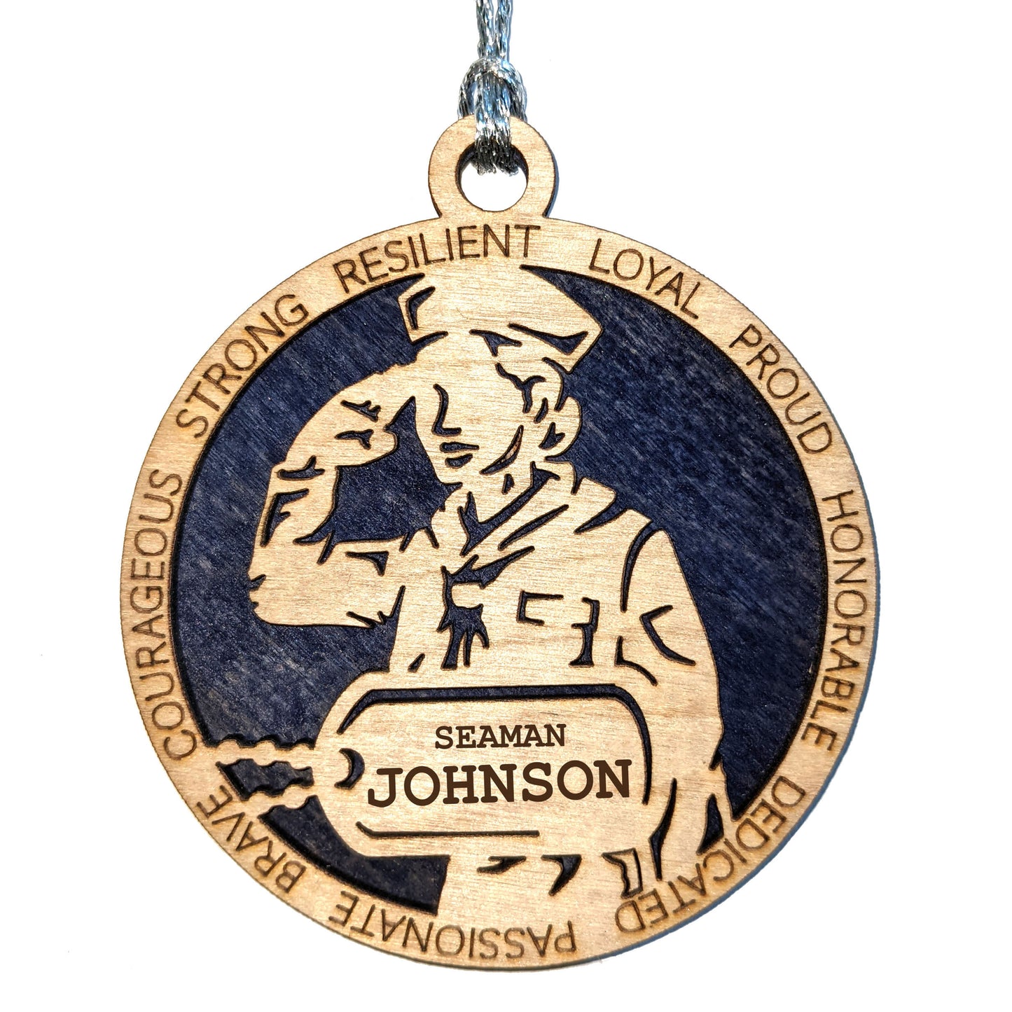 Patriotic Female Navy Sailor Wood Ornament - Personalized Military Christmas Gift with Custom Dog Tags
