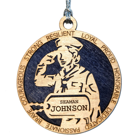 Patriotic Female Navy Sailor Wood Ornament - Personalized Military Christmas Gift with Custom Dog Tags