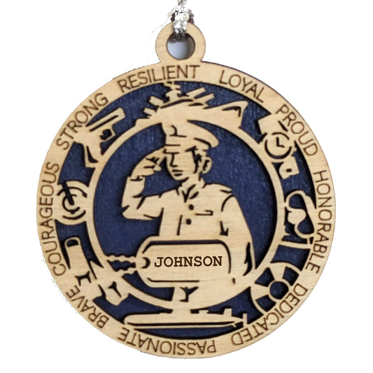 Custom Navy Woman Christmas Ornament - 3" Wooden Military Keepsake with Dog Tags for Female Sailors and Veterans