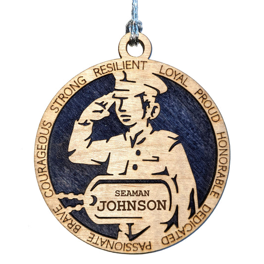 Personalized Female Navy Sailor Ornament - 3" Wooden Christmas Decoration for Women Veterans, Customizable Dog Tags