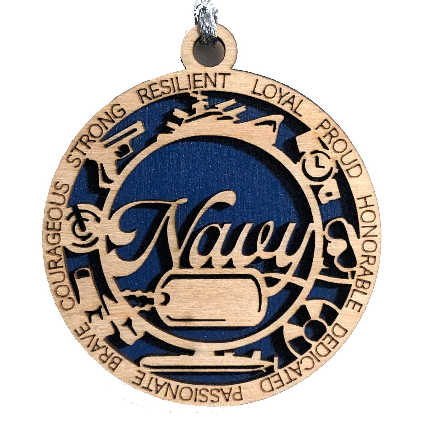 Personalized Navy Christmas Ornament - Laser Cut Wood with Custom Dog Tags, Military Tribute Gift for Sailors and Veterans