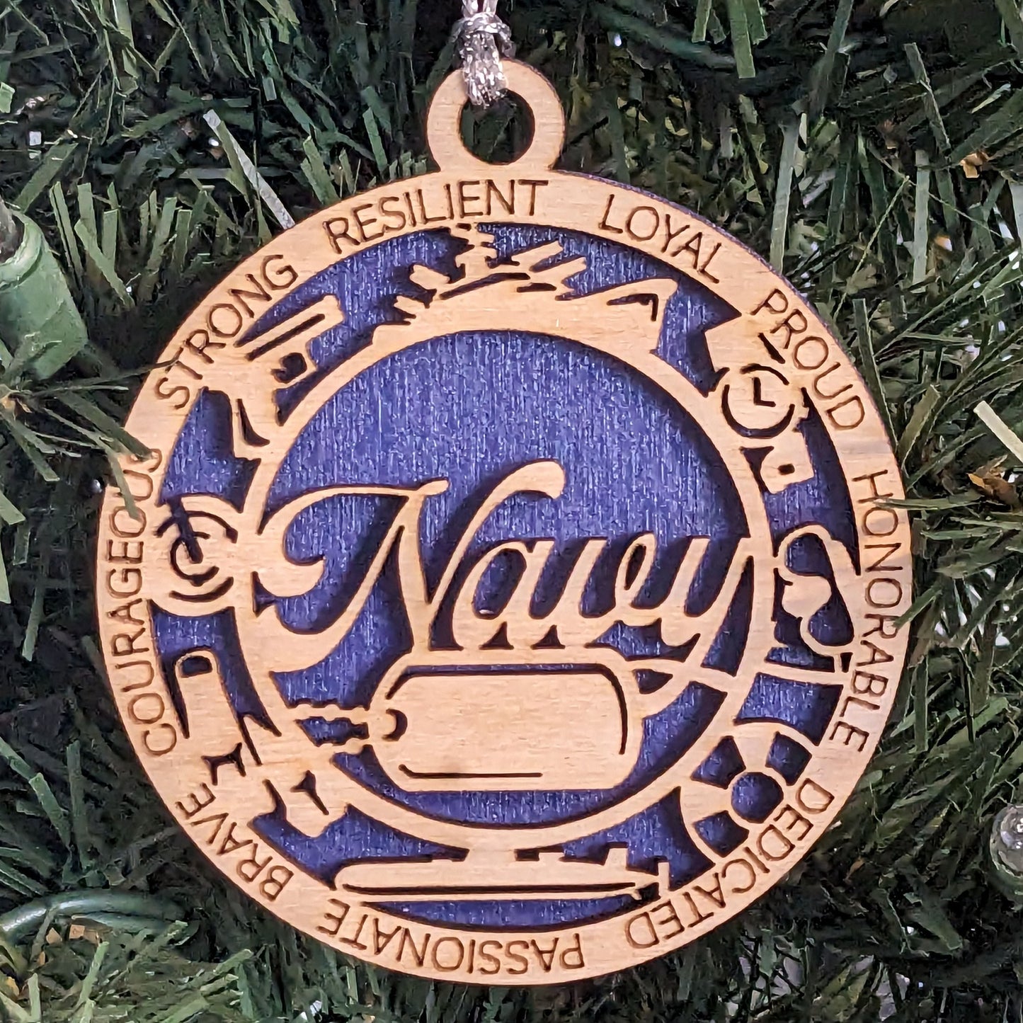 Personalized Navy Christmas Ornament - Laser Cut Wood with Custom Dog Tags, Military Tribute Gift for Sailors and Veterans