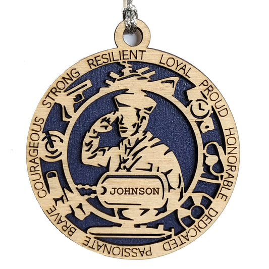 Custom Male Navy Sailor Wood Ornament - 3" Laser Cut Military Christmas Decoration with Personalized Dog Tags