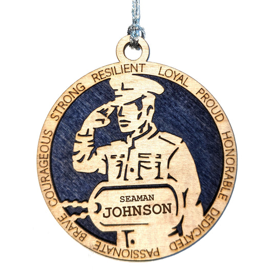 Custom Male Navy Sailor Christmas Ornament - 3" Wood Military Gift with Personalized Dog Tags - USA Handcrafted