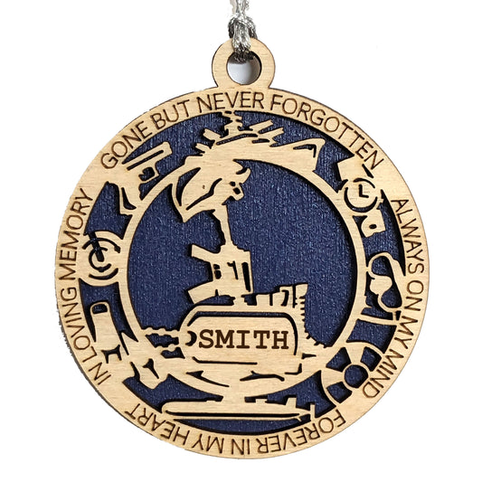 Personalized Navy Battlefield Cross Ornament - Military Memorial Christmas Gift, Wooden 3" Laser Cut with Custom Dog Tags