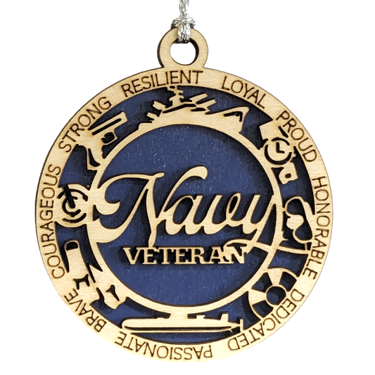 Proud Navy Veteran 3" Wooden Christmas Ornament - Laser Engraved Military Tribute with Naval Icons - USA Made Holiday Gift
