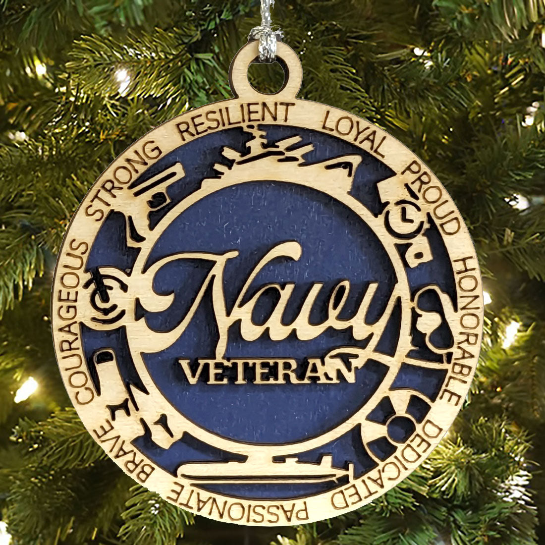 Proud Navy Veteran 3" Wooden Christmas Ornament - Laser Engraved Military Tribute with Naval Icons - USA Made Holiday Gift