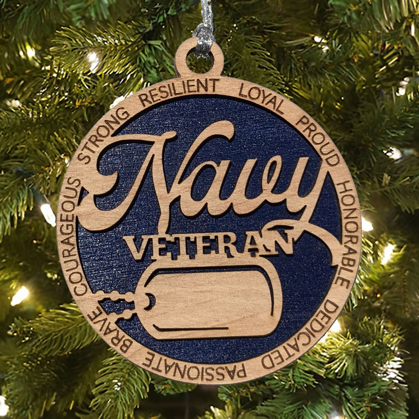 Navy Veteran Christmas Ornament - Personalized Dog Tags, Wooden 3" Laser Cut Military Tribute, Handmade in USA