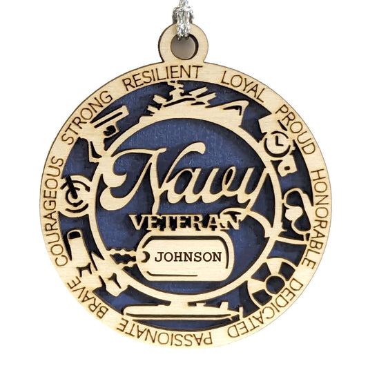 Navy Veteran Tribute Ornament - Customizable Wood Keepsake with Military Icons and Personalized Dog Tags