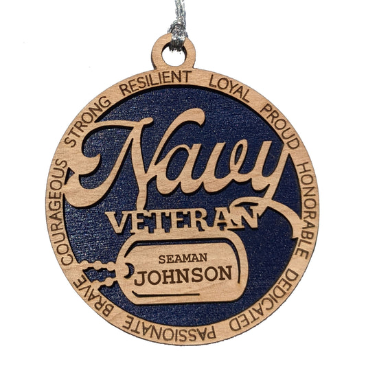 Navy Veteran Christmas Ornament - Personalized Dog Tags, Wooden 3" Laser Cut Military Tribute, Handmade in USA
