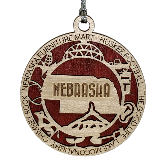 Nebraska State Pride 3D Wood Laser Cut Ornament: Featuring Iconic Nebraska Symbols and Custom Background Colors