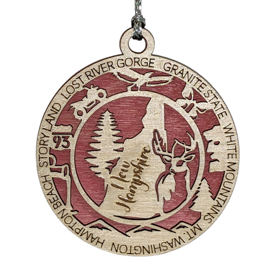 New Hampshire State Pride 3D Wood Laser Cut Ornament: Featuring Iconic New Hampshire Symbols and Custom Background Colors