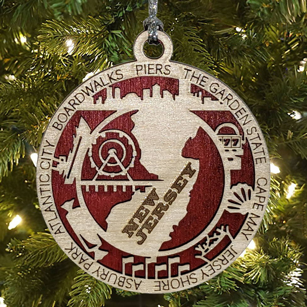 New Jersey State Pride 3D Wood Laser Cut Ornament: Featuring Iconic New Jersey Symbols and Custom Background Colors